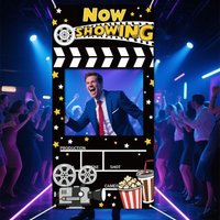 Hollywood Movie Night PhotoBooth Frame Now Showing Film Theme Background Banner for Cinema Party Red Carpet Event Birthday Decor