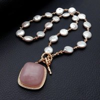 Y·YING Cultured White Coin Pearl Necklace Rose Quartz Cz Pave Square Pendant