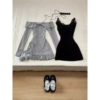 Sweet Sexy Lace Patchwork Black Camisole Dress Women+Long Sleeve Slim Fit Y2k Crop Tops Autumn New Two Piece Sets Outfits New