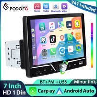 Podofo 7'' 1Din Odtwarzacz MP5 z Pokrętłem, Carplay, Android Auto, Odtwarzacz Multimedialny, EQ Sound, Bluetooth, Mirror Link, USB i TYPE-C, Radio Samochodowe