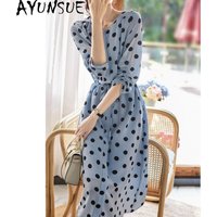 AYUNSUE Real Silk Dresses for Women Elegant French Polka Dot Dress Casual Stylish Summer Dresses 2026 Woman Clothing Robe Femme