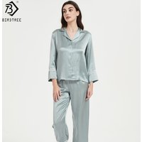 BirdTree, 16MM 100% Silk Pajamas Set, Lapel Homewear, Women's Plain Satin Full Sleeve Casual Clothes, 2026 Spring New P63303JF