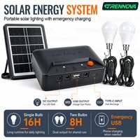 Grennova Portable Complete Solar Power Lighting Kit 2 Independent Switch LED Bulbs USB Charger for Camping Tent Power Outage