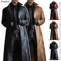 Man Steampunk Pu Leather Trench Coat Solid Color Long Lapel Gothic Spring Autumn Jacket Vintage Faux Leather Outerwear