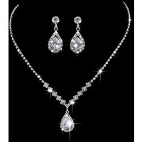 ●Vintage Crystal Waterdrop Pendant Necklace Earrings Silver Wedding Jewelry Set