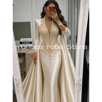 Luxury Champagne Shirt Mermaid Prom Dresses with Detachable Train Crystal Long Sleeve Middle East Evening Gala Gown Customized