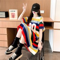 Korean Fashion Letter Printed Dresses Streetwear Contrasting Colors Striped Female Summer Cut Out Off Shoulder Loose Midi Dress