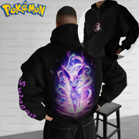 Pokemon Anime Eevee Evolution Cotton Hoodie Harajuku Pants Set Black Character Print with Purple Glowing Energy Effect