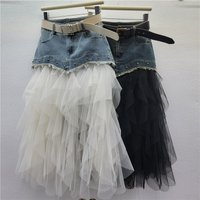 Net Fabric Pieced Fashionable Mid-Length Denim A-Line Skirt with High Waist for Slimming Effect Mid-Length Dress