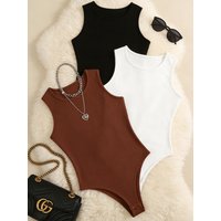 Women 3 Pack Solid Ribbed Round Neck Bodysuit Casual Sleeveless Form Fitting One Piece Bodysuit Set