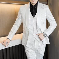 European Size Men's Blue Suit 3-piece Set, Wedding Party Black Dress Set, White Jacquard Fabric Jacket and Vest with Pants