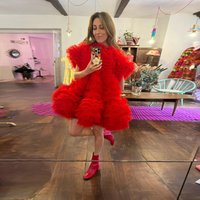 Red Ruffles Trimmed Tulle Women Dresses To Holiday Party Short Sleeves Layered A-line Tulle Dress Layered Photoshoot Gown