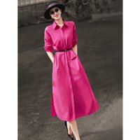 MEXCOCO 2026 New Spring Turn Down Collar Long Sleeve Shirt Dress Belted Waist Split Pocket Casual Commuter Midi Dress
