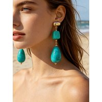 Luxury Vacation Style Gold Plated Blue Green Resin Block Waterdrop Splicing Long Dangle Earrings for Ladies Beach Commute Niche