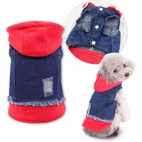 Pet Clothes Dog Jeans Jacket Layered Drawstring Hood Denim Jacket False Two Coat Clothing for Small Medium Dogs Cats Red/Black