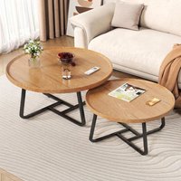 Modern Nesting Coffee Table Set 2-Piece Fluted Round Wood Tables Circle Sofa Side Table for Living Room Balcony Office