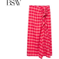 BSAY Women Gingham Plaid Midi Skirt Ruffle Wrap Tie Knot Layered Asymmetrical A-Line Skirt Summer Casual High Waist Maxi Skirt