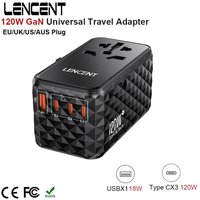 LENCENT 120W GaN Universal Travel Adapter With1 USB-A+3 Type-C All-in-one Adapter Fast Charger EU/UK/USA/AUS Plug for Travel
