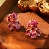 Elegant Iris Flower Stud Earrings for Women - Pink Enamel & Rhinestone Accent, Waterproof Hypoallergenic Copper Jewelry