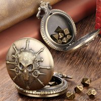 Antique Carved 3D Skull Designed Alloy Pocket Watch Case with 7pcs Metal Polyhedral Table Game Dice with 38cm Waist Chain Gifts