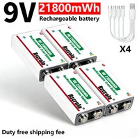 9V Rechargeable Battery 21800mWh High Capacity Li-ion with Cable for Guitar Pedal Microphone Smoke Detector