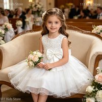 Kids Girls White Dresses Flower Child Wedding Dress Elegant Tulle Gown Baptismal Ceremony Costume Children Birthday Gift Dress