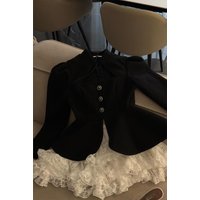 Women Trendy Lace Dresses Two Hit Color False Two-piece Mini Skirt Square Neck Long Sleeve High Waist Dress Party Evening Gowns
