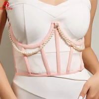 GUUDIA Pearl Chain Bustiers Tied Waspie Wide Belt Cinchers Underwire Lace-up Underbust Corset Bustier Corsets Tops Boned Corset
