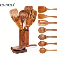 4/7/9PCS Wooden Spoons For Cooking Wooden Utensils For Cooking With Utensils Holder Teak Wooden Kitchen Utensils Set