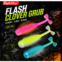 ZUKIBO 6PCS Flash Four Leaf Clover T-Tail Soft Lure Ribbed Body Disturbance Streamer Attractant Soft Bait for Freshwater Fishing