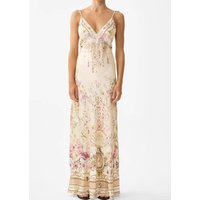 Holiday Style Sling Robe for Women Flower Print Crystal Beaded Backless V-Neck Sleeveless High Waist Slim 100% Silk Maxi Dress