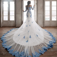 Light Blue Mermaid Long Wedding Dresses with Sleeves Applique Lace Chapel Train Customsized Beach Garden Bridal Gown Outfit