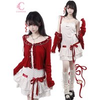 Coquette Sweet 2 Piece Set Women Polka Dot Camisole Mini Dress Ruffle Trim Cropped Cardigan Bow Decor Slim Fit Elegant Party