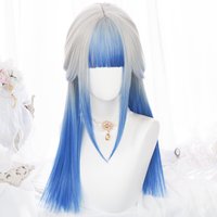 Women's Long Straight Synthetic Wig Lolita Style Gray Ombre Blue Cosplay Fluffy Wig with Bangs for Daily Party