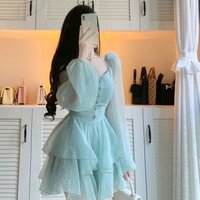 Autumn New Women's Solid Color Square Collar Button Patchwork Ruffles Pleated Fashion Aesthetic Long Sleeve Slim Princess Dress
