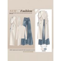 Women's Winter Fashion Three-Piece Set Coat Base Shirt High Waist Wide Leg Jeans Double-Breasted Simple Style Outfit