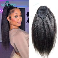 Kinky Straight Ponytail Human Hair Extension 100% Real Human Hair Wrap Around Drawstring In Ponytail Natural Black For Women