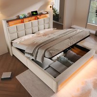 PINGGO Upholstered Double Bed 135 x 190 cm with LED Lighting,USB Type-C Charging Function, Storage Headboard,Beige (No Mattress)
