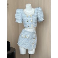 Elegant Chic Vintage Tweed Sets Women Outfits Puff Sleeve Double Breasted Cropped Tops + Asymmetrical Mini Skirt Two Piece Suits