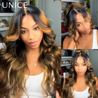 UNice 7x5 Bye Bye Slip™ Lace Brown Highlight Ombre Body Wave Wig With Drawstring Pre Cut Pre Bleached Glueless Human Hair Wigs