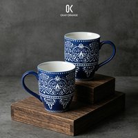 Vintage Blue Ceramic Coffee Mug Bohemian Embossed Tea Cup Large Capacity Mandala Pattern Microwave Safe Water Mugs Gift