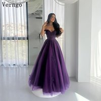 Verngo Dark Purple Tulle Evening Dress Sweetheart A Line Lace Appliques Formal Occasion Dress Arabia Prom Gowns Customized