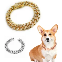 Rhinestone Dog Chain Collar Metal Strong Gold Cuban Link Dog Necklace Luxury Diamond Puppy Cat Collar Dog Jewelry Accessories