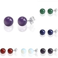 Fashion Simple Classic Natural Stone Opal Crystal Amethyst Aventurine Ball Round Bead Silver Stud Earring for Women Jewelry Gift