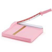 Guillotine-style paper cutter with a safety guard and blade lock, 12-inch cutting length, capable of cutting 16 sheets of paper.