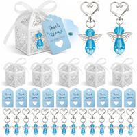 12 Sets Blue Crystal Angel Keychain Favors, Baptism & Baby Shower Party Gifts with Laser Cut Boxes, Thank You Tags and Organza B