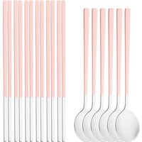 12Pcs Pink Handle Silver Dinnerware Set Dinner Spoon Sushi Chopsticks Flatware Western Stainless Steel Cutlery Kitchen Tableware