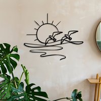 Sunrise Seagull Iron Metal Wall Art Coastal Ocean Line Decor for Living Room Beach House Farmhouse Interior