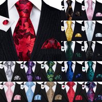 Barry.Wang Jacquard Floral Silk Mens Tie Pocket Sqaure Cufflinks Set Flower Necktie For Male Wedding Business Party Events Gift