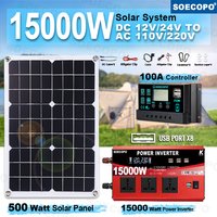 SOECOPO 15000W Complete Solar System Kit 500W Solar Panel Inverter(3 sockets 8 USB ports) 12V/24V 100A Controller Home Camping